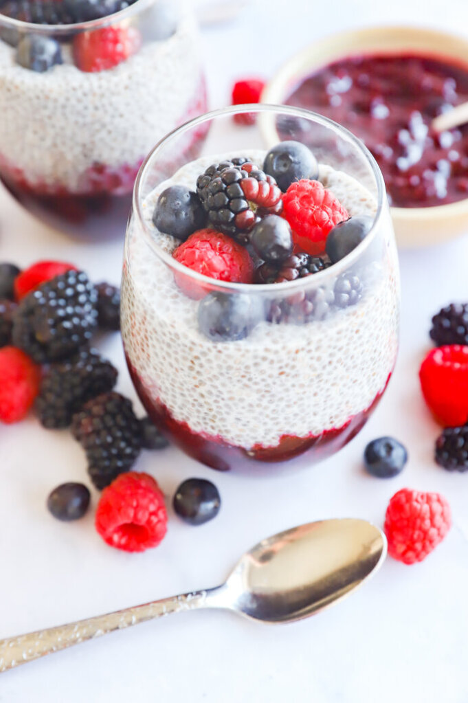 Healthy chia seed pudding with mixed berries in a bowl