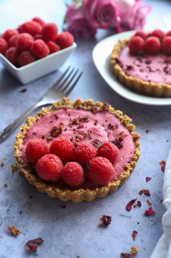 Raspberry rose tarts with fresh raspberries and a gluten-free crust