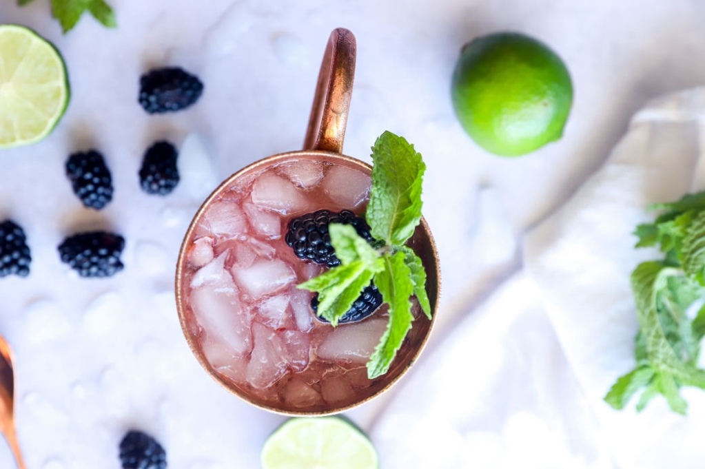 Blackberry mule mocktail with fresh blackberries and lime