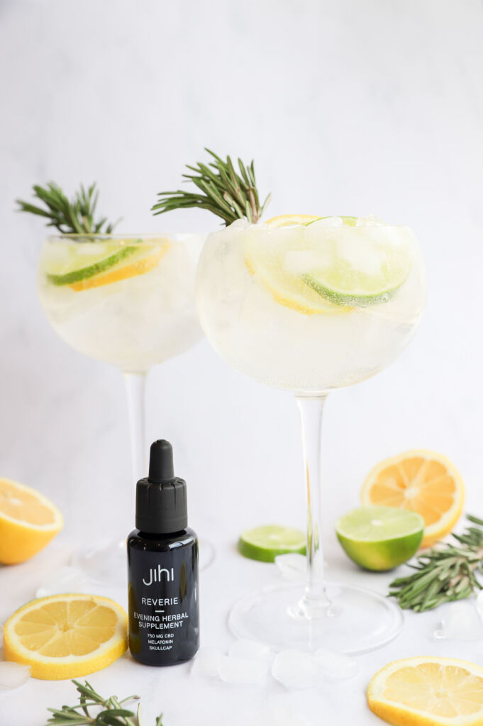 Rosemary spritz mocktail with elderflower and fresh rosemary garnish