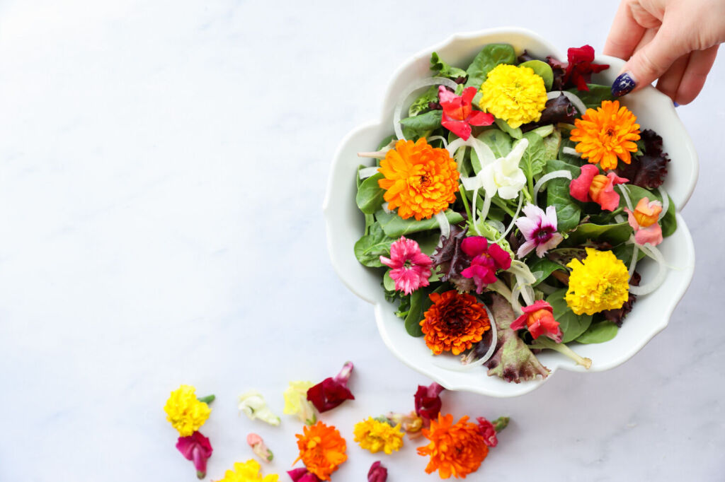 Edible flower salad with a light apple cider vinegar dressing