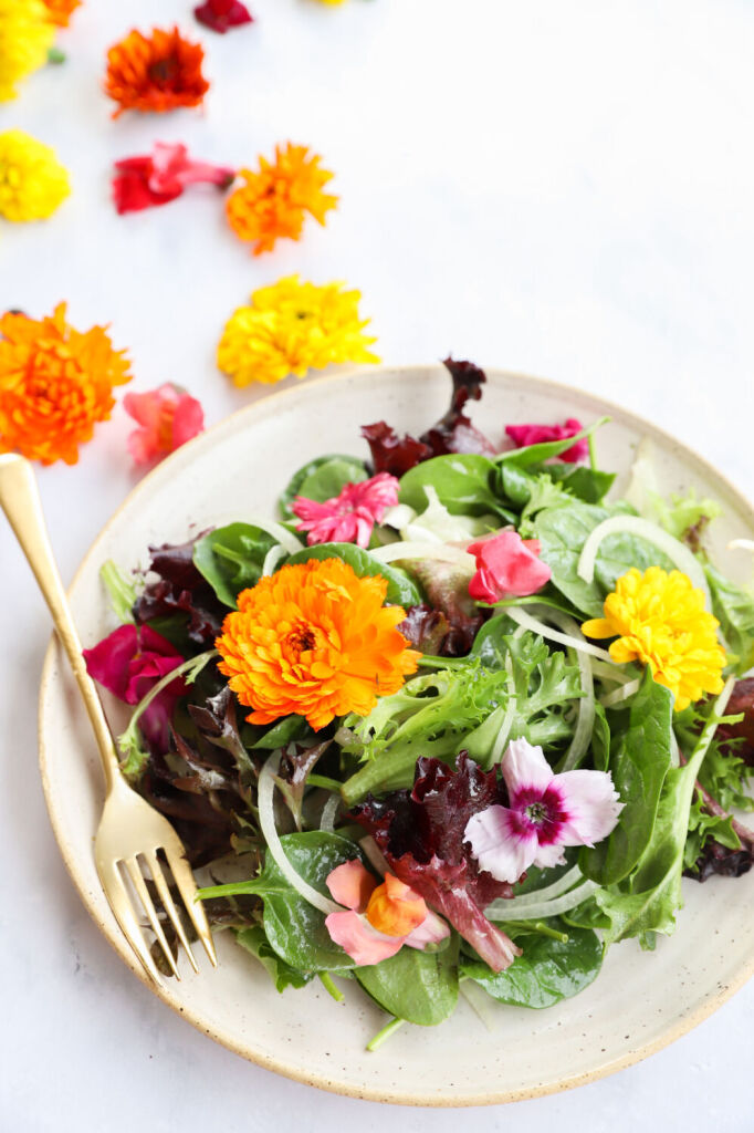 Vibrant garden salad with edible flowers and a tangy apple cider vinegar dressing