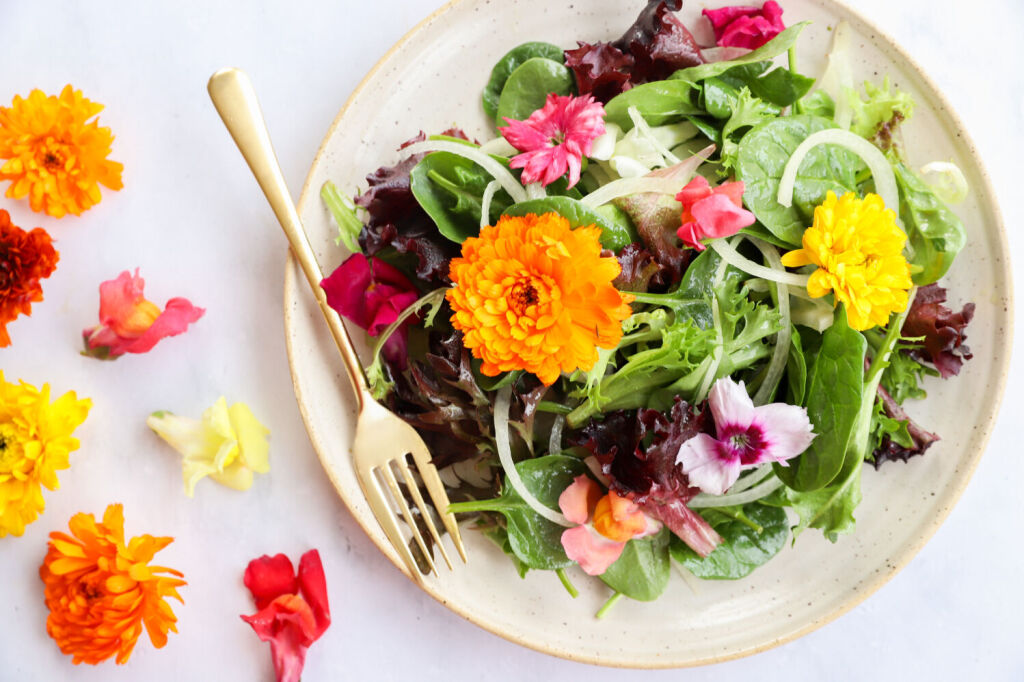 Flower salad with edible flowers and apple cider vinegar dressing