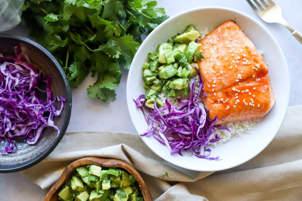 Air fryer salmon with honey sriracha glaze on a plate