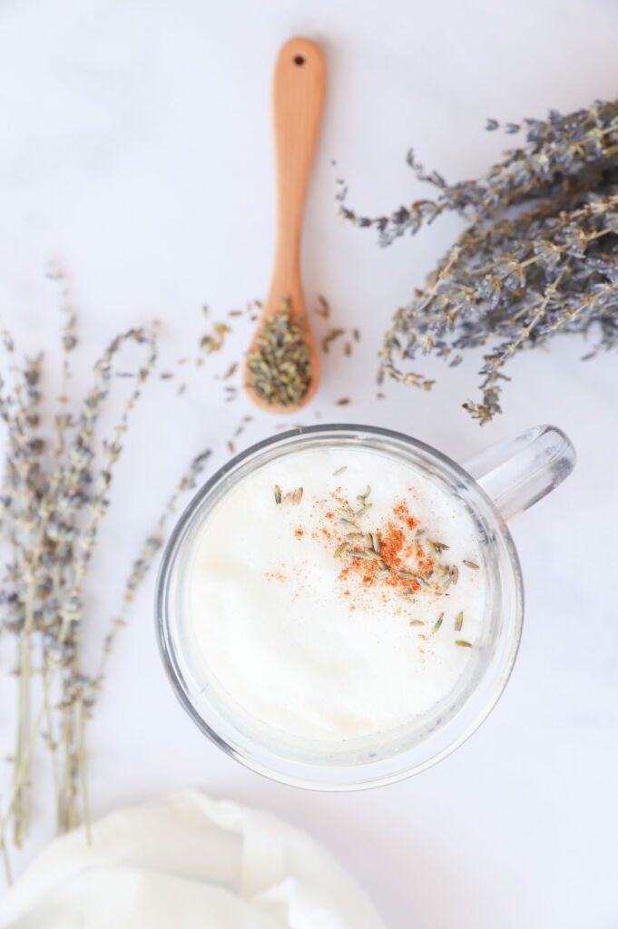 Lavender Earl Grey tea latte with soy milk in a cup