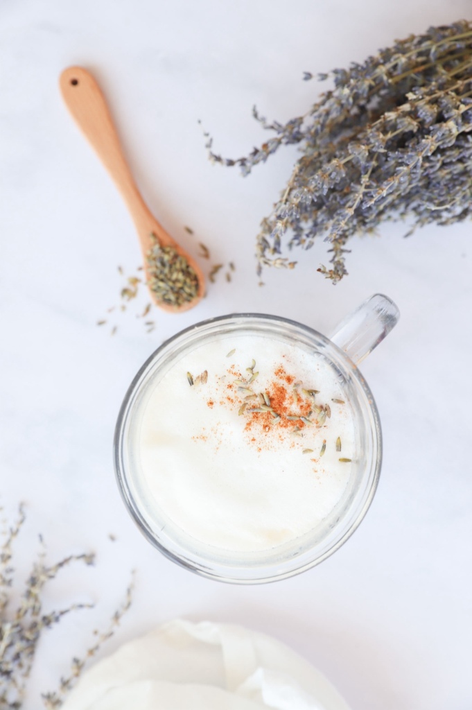 Aromatic Lavender London Fog latte with soy milk and a sprinkle of lavender