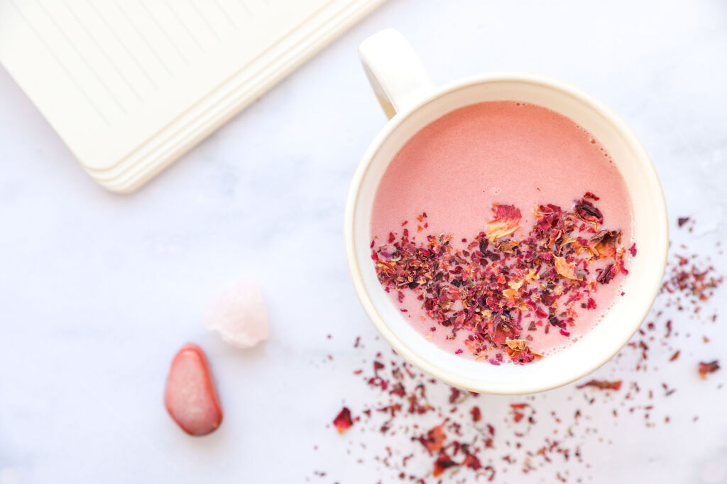 Pink moon milk with almond milk and sleep-enhancing herbs