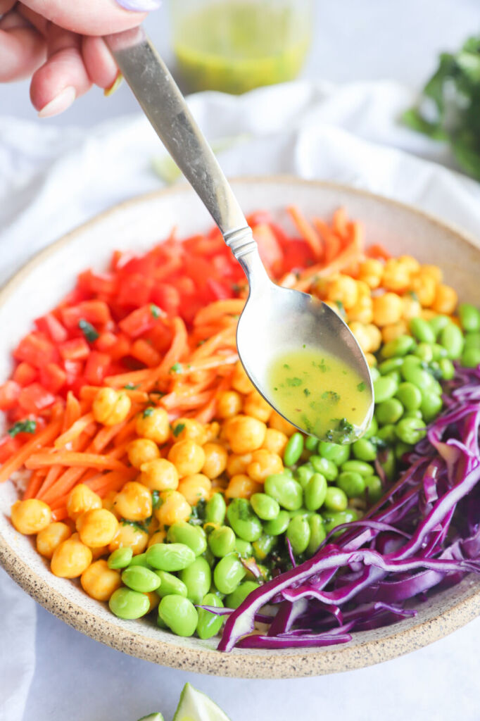 Healthy rainbow superfood salad bowl with fresh vegetables