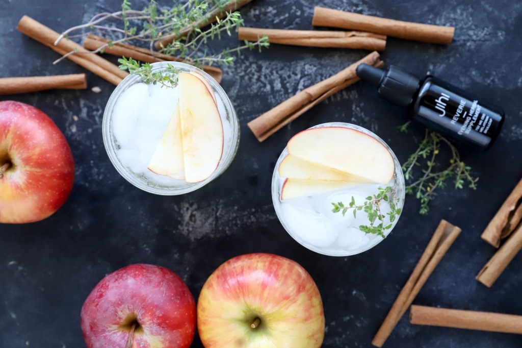 Sparkling apple cinnamon mocktail with apple slices and cinnamon stick