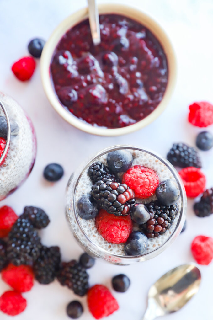 Berry chia seed pudding with a variety of fresh berries on top