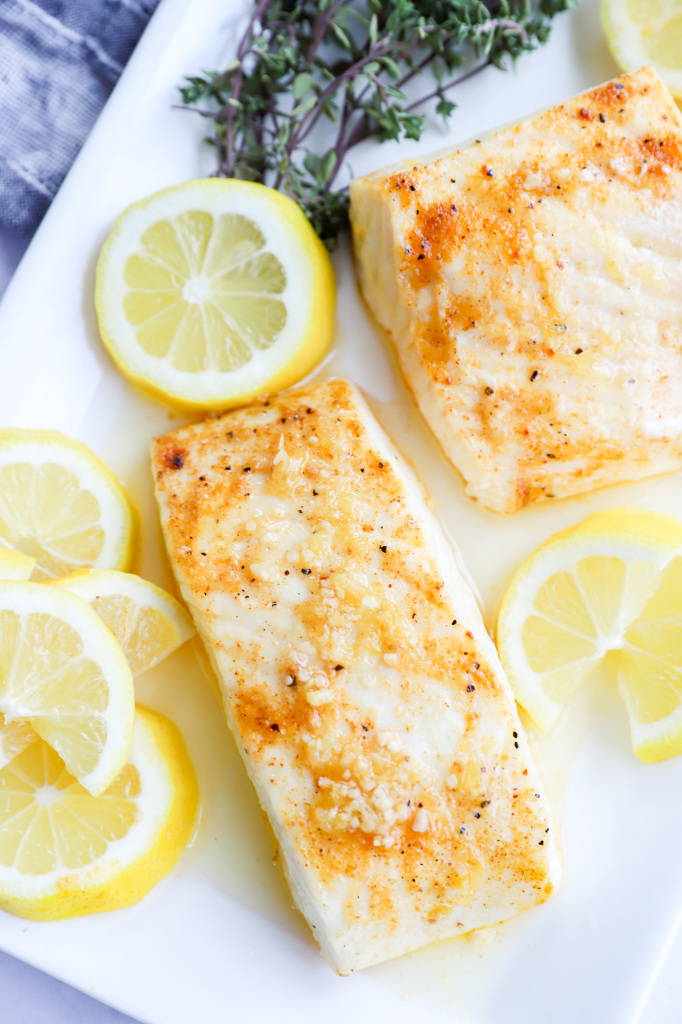 Halibut cooked in an air fryer with lemon thyme butter sauce