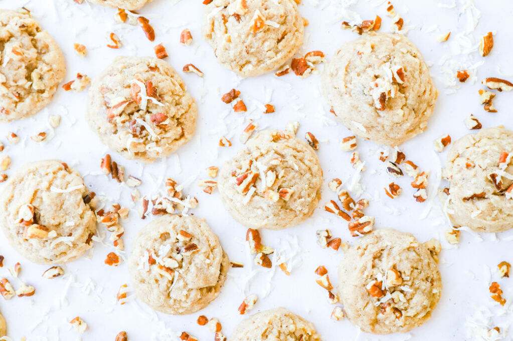 Chewy coconut pecan cookies with shredded coconut and chopped pecans