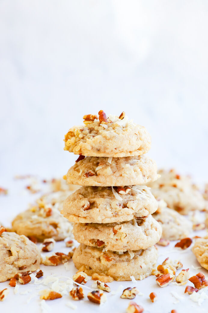 Brown coconut pecan cookies with shredded coconut and pecan pieces