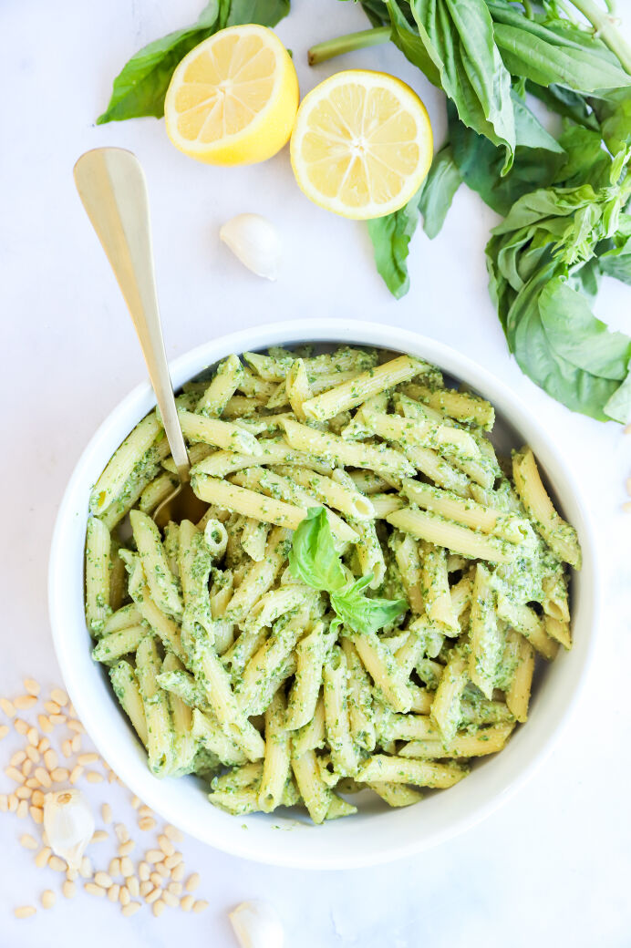 Creamy Basil Pesto Pasta with Pine Nuts - Jihi Kitchen