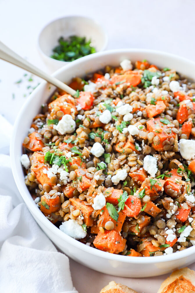 Goat cheese salad with lentils, sweet potatoes, and vinaigrette