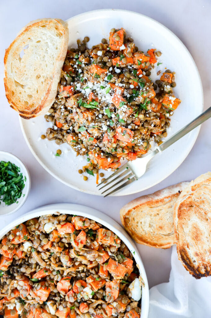 Superfood lentil salad with sweet potatoes, goat cheese, and vinaigrette