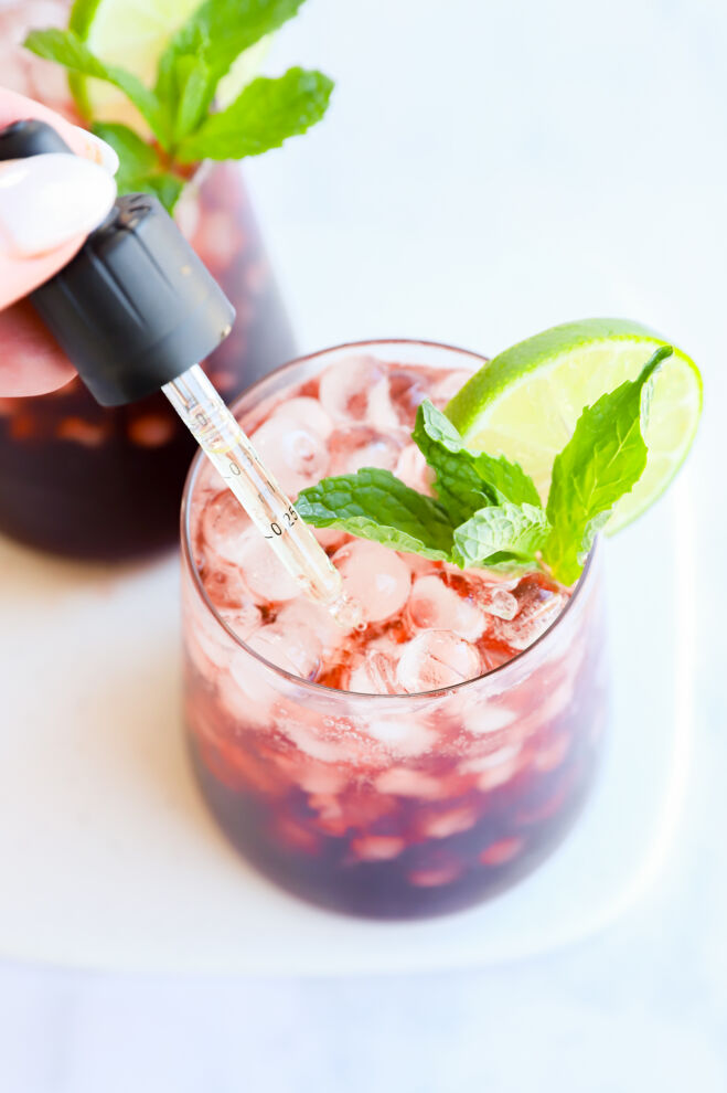 Sleepy time tart cherry mocktail with soda and fresh cherries