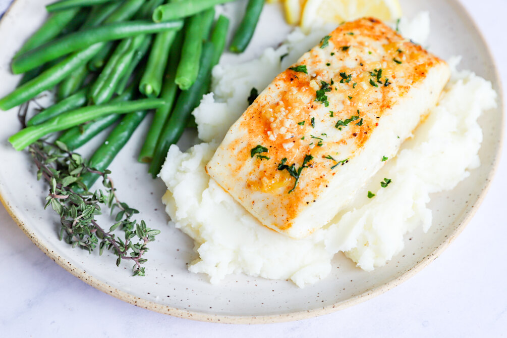 Halibut cooked in an air fryer with lemon thyme butter sauce