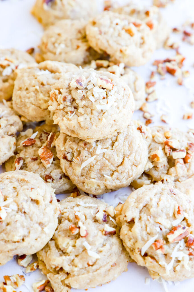 Gluten-free cookie dough with coconut flakes and chopped pecans