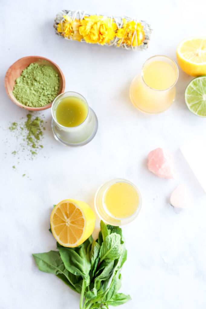 Green tea shot with mint and basil, served in a shot glass