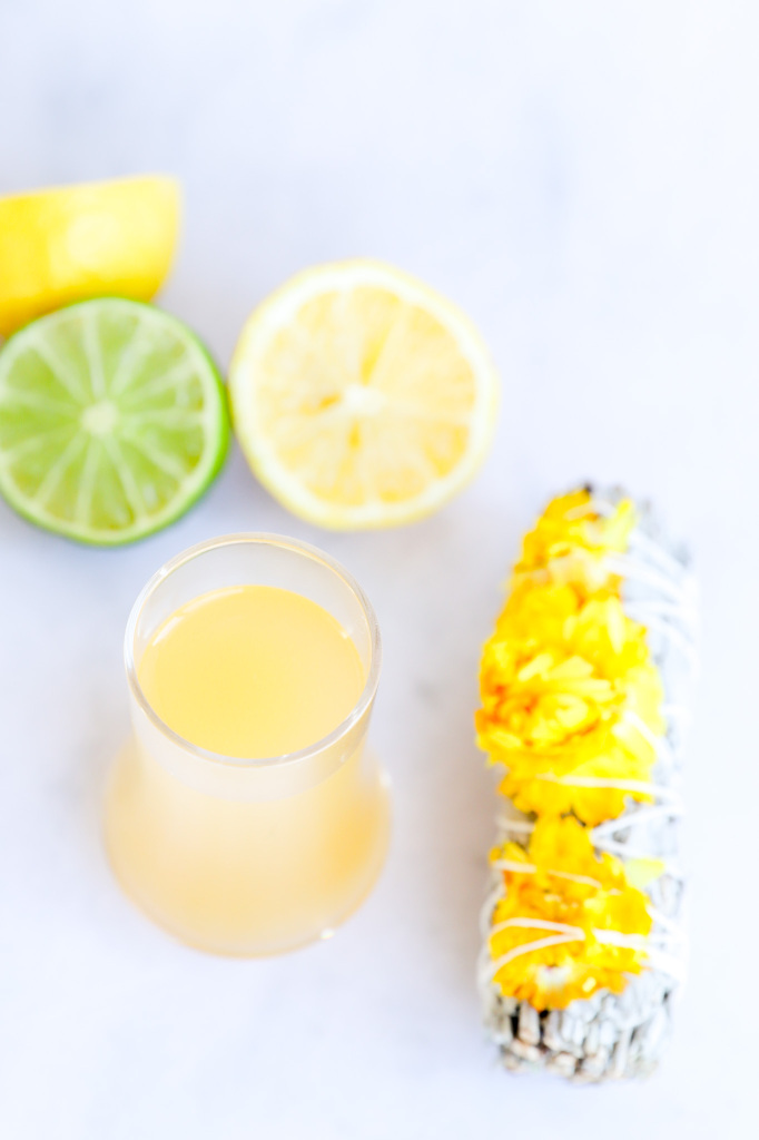 Close-up of Non-Alcoholic Green Tea Shot with lemon and lime slices