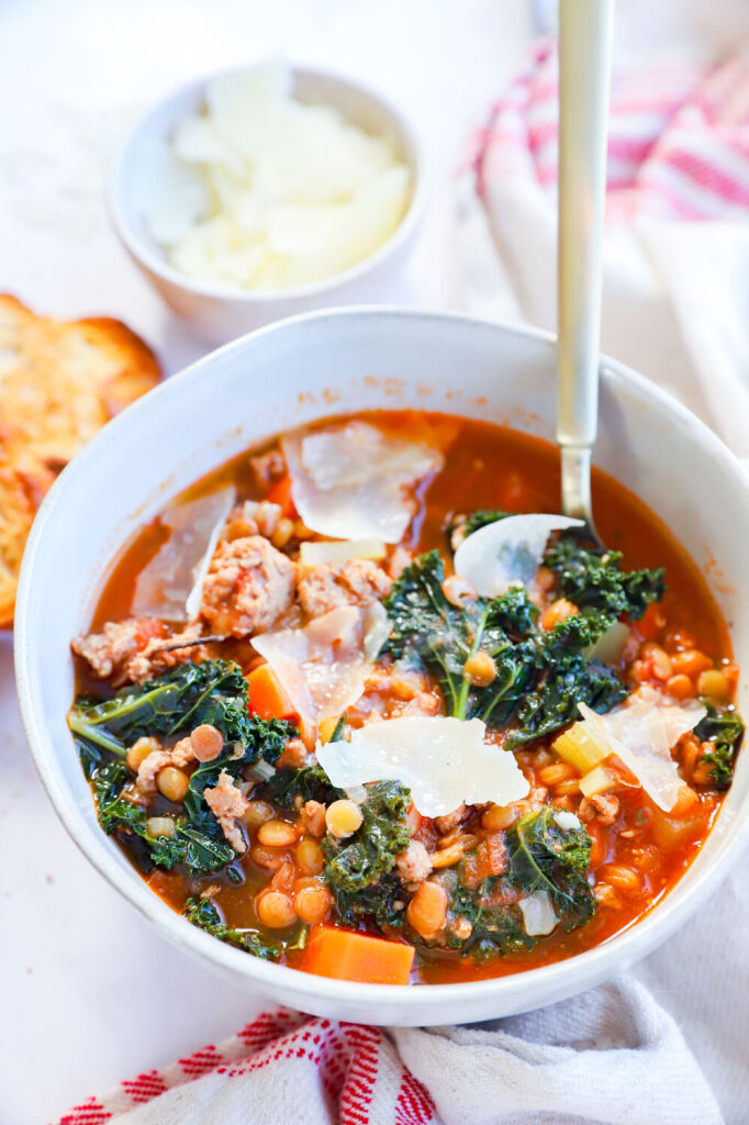 Turkey lentil soup with fresh vegetables like celery, carrots, and onions