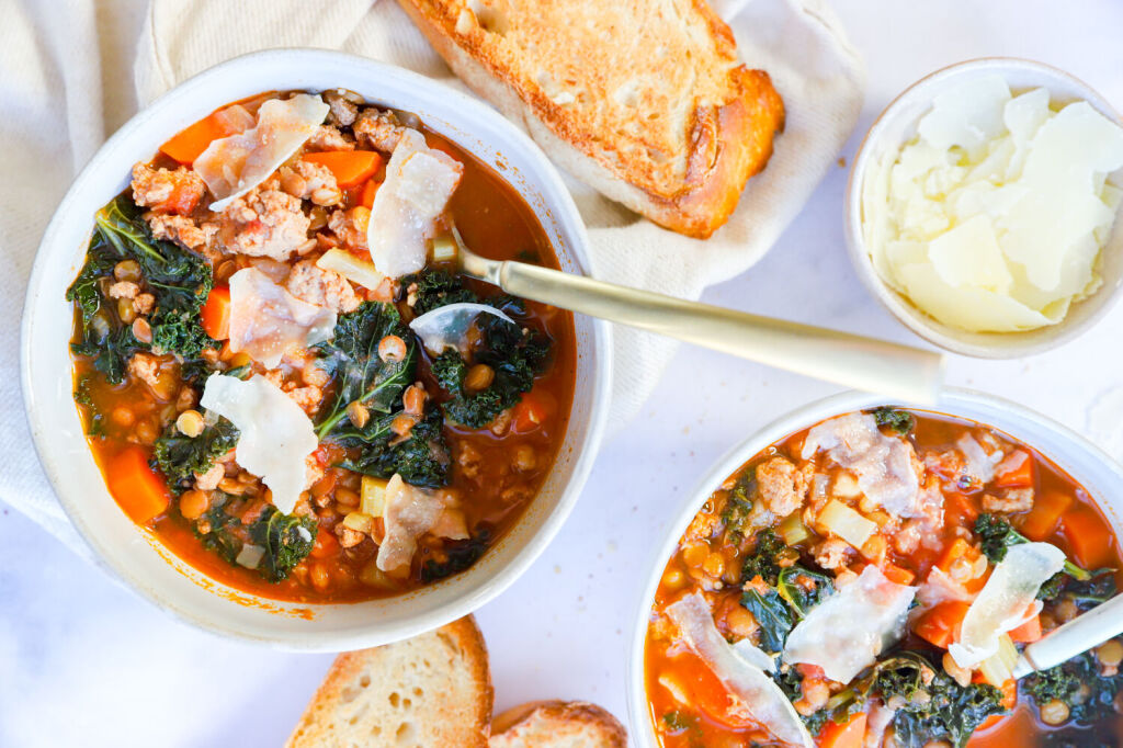 Turkey lentil soup with fresh vegetables like celery, carrots, and onions