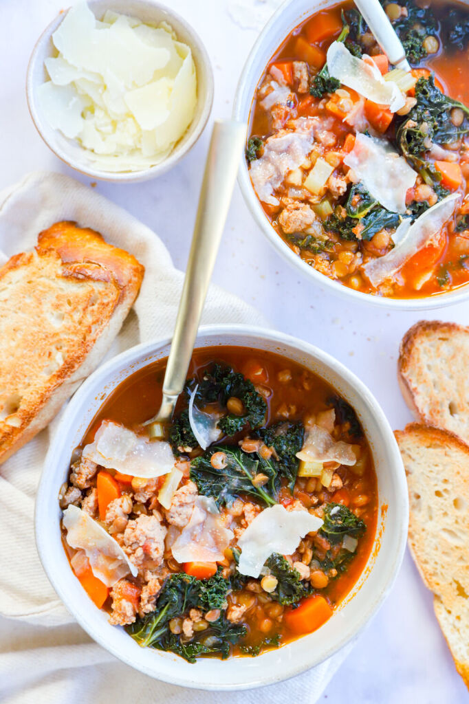 Delicious turkey lentil soup with carrots, celery, and onions in a bowl