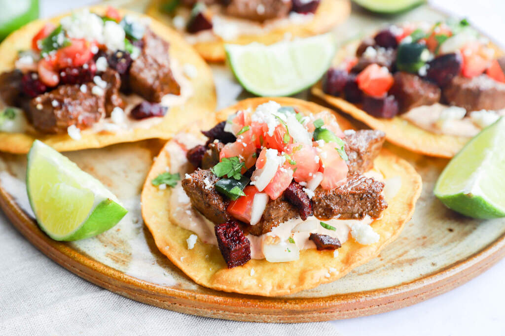 Close-up of Beet and Beef Steak Tostadas on a rustic plate for hormone balance