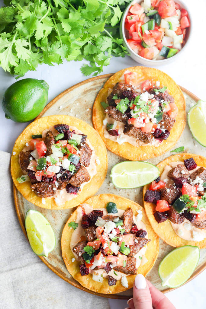 Gourmet presentation of Beet and Beef Steak Tostadas for hormone health