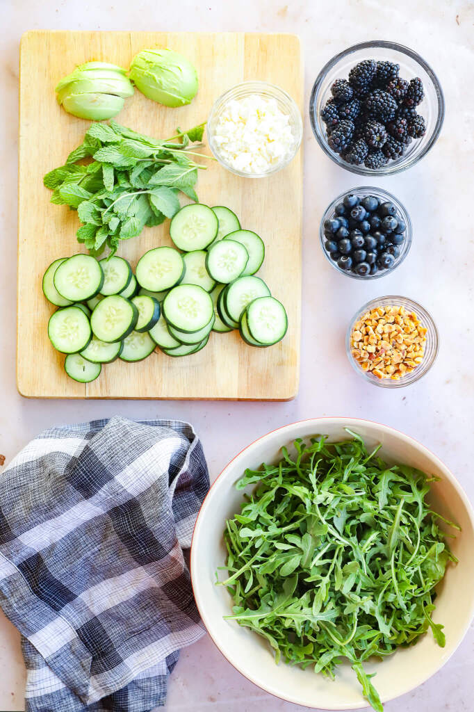 Gourmet presentation of Blackberry, Avocado, and Arugula Salad for anti-inflammatory and hormone balancing diets