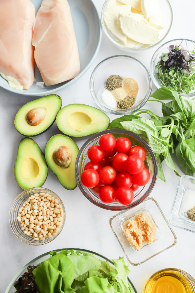 Ingredients for making Chicken Avocado Caprese Salad