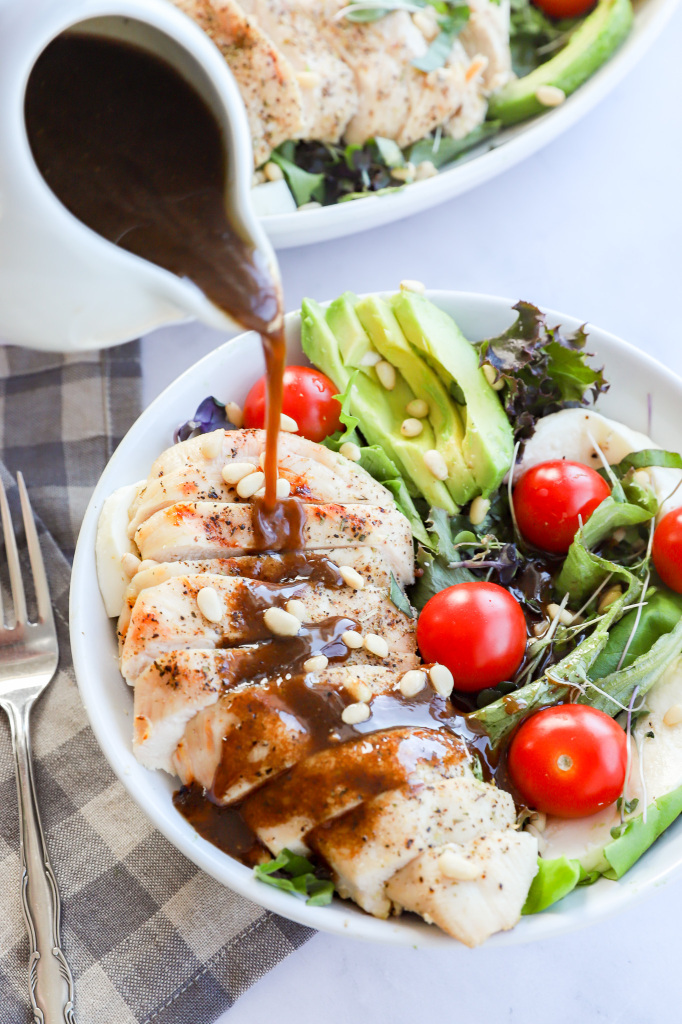 Vertical picture of Chicken Avocado Caprese Salad