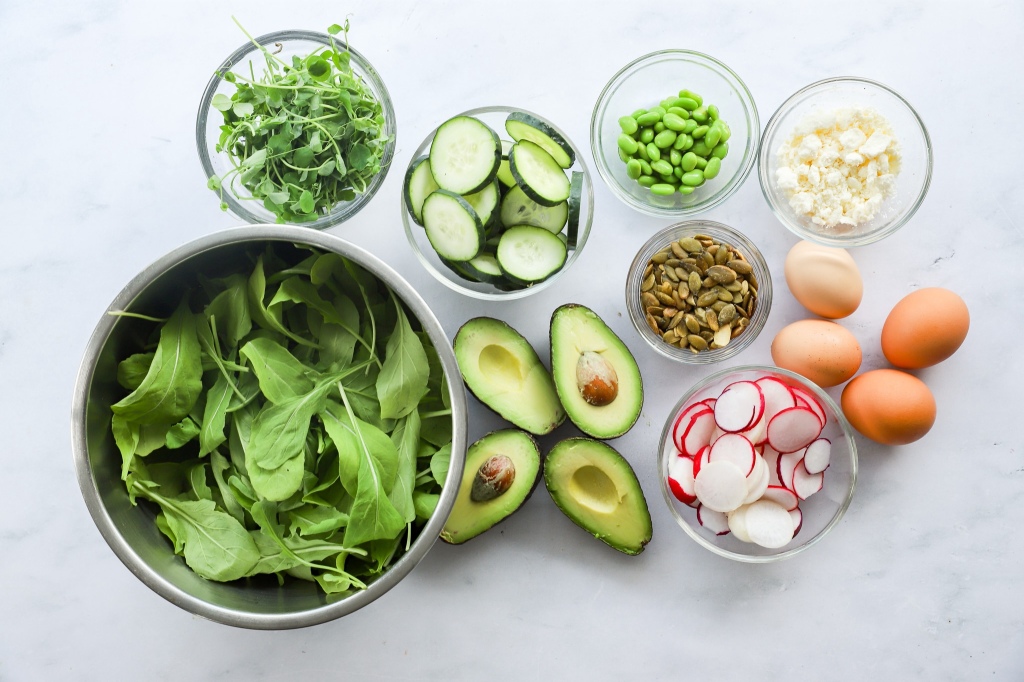 Landscape image of Green Goddess Salad with Avocado and Microgreens