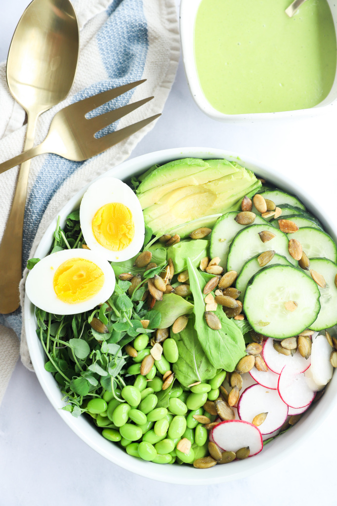 Portrait image of Green Goddess Salad with Avocado and Microgreens