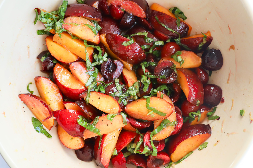 Landscape image of Peach Caprese Salad with Cherries