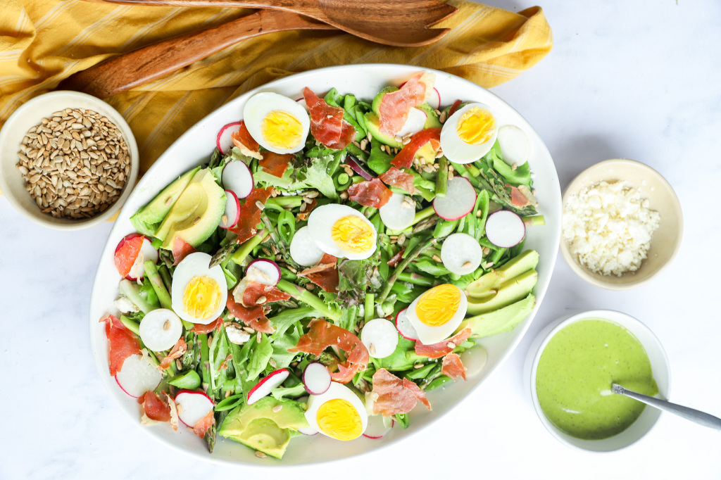 Gluten-free spring cobb salad with pancetta, avocado, and goat cheese