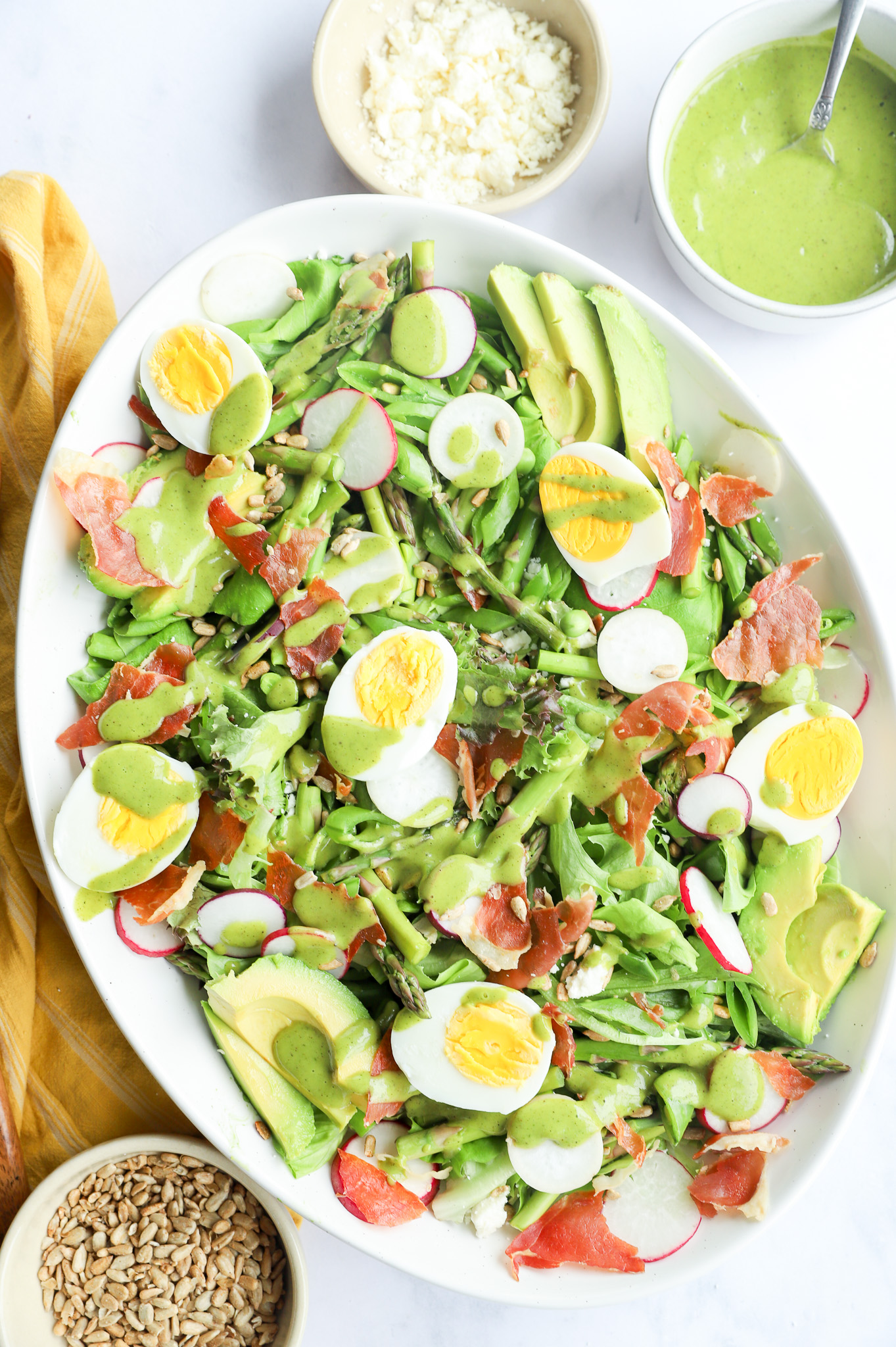 Spring cobb salad with pancetta, asparagus, eggs, and avocado