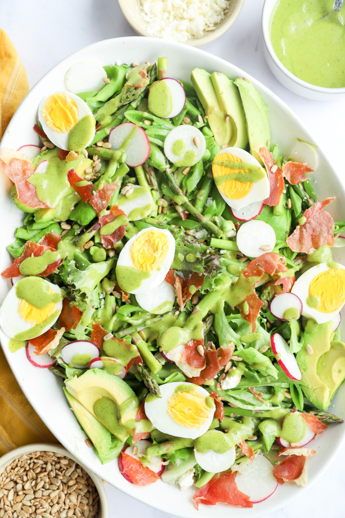 Fresh spring cobb salad with pancetta, radish, and sugar snap peas