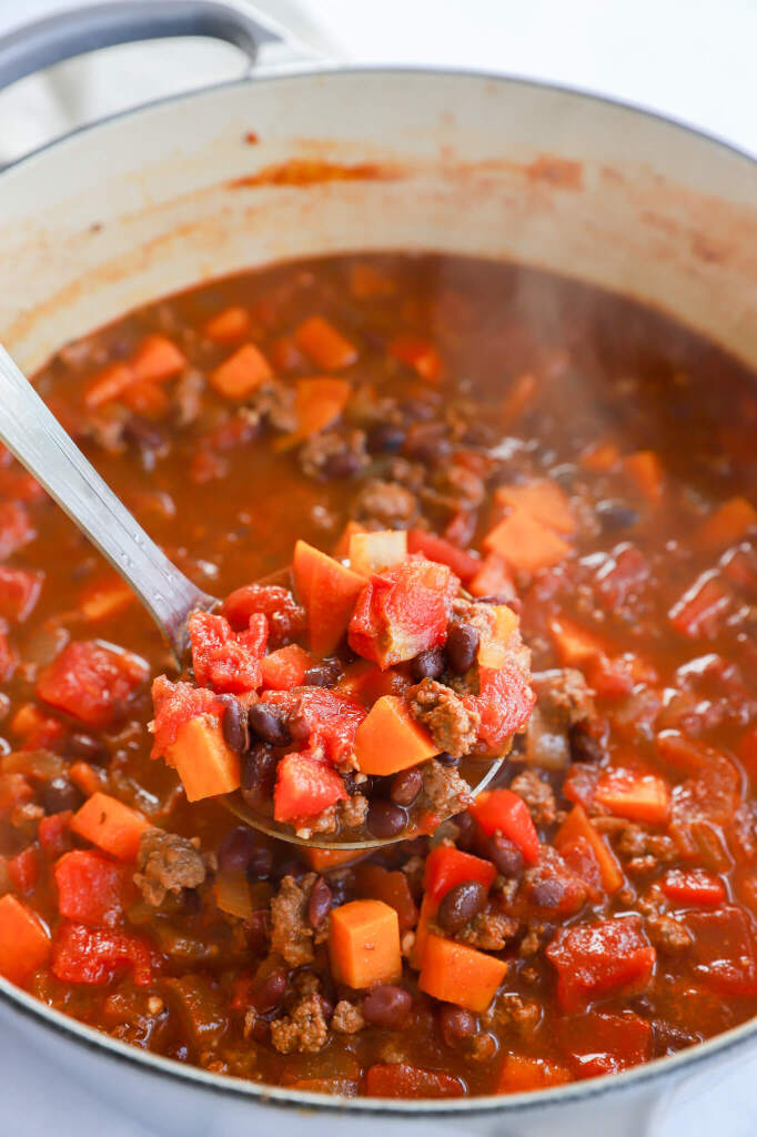 Adzuki bean and sweet potato chili with onions, garlic, and spices