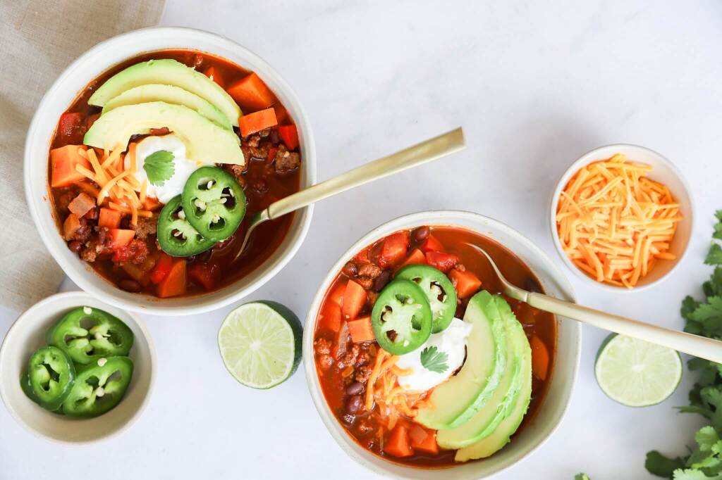 Healthy sweet potato chili with ground beef and black beans