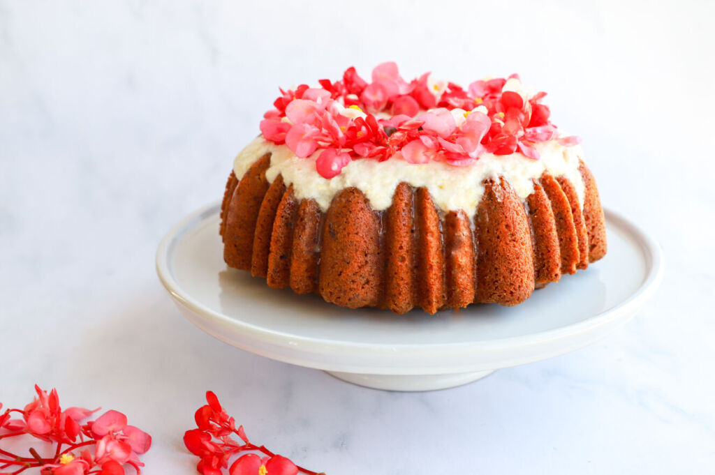 Moist gluten-free carrot cake in a bundt shape