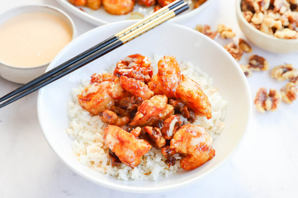 Honey walnut shrimp served with a light, crunchy coating and sweet glaze